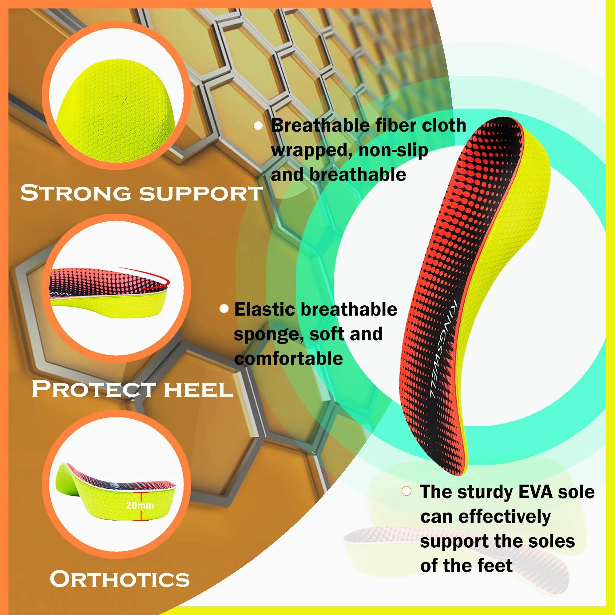 3/4 High Arch Support Insoles for Men/Women, Plantar Fasciitis Insoles, Orthotic Flat Feet, Over-Pronation | Relief Plantar Fasciitis, Heel Pain(Orange, XL:Men 9-11/Women 10-12) Orange