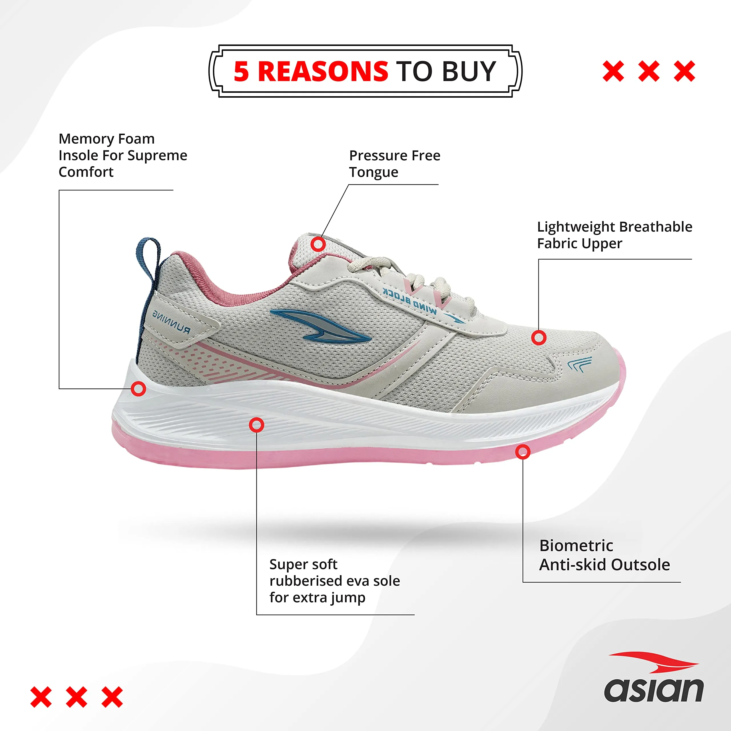ASIAN Women's Cute Sports Running Shoes,Walking, Gym Casual Sneaker Lace-Up Shoes For Girl's Light Grey Pink 4 UK