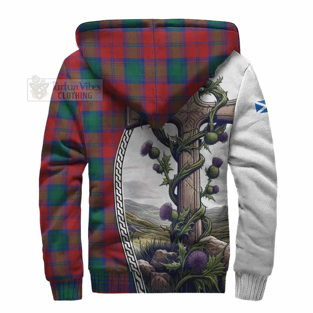 Auchinleck (Affleck) Tartan Sherpa Hoodie with Family Crest and St. Andrew's Cross Accented by Thistle Vines