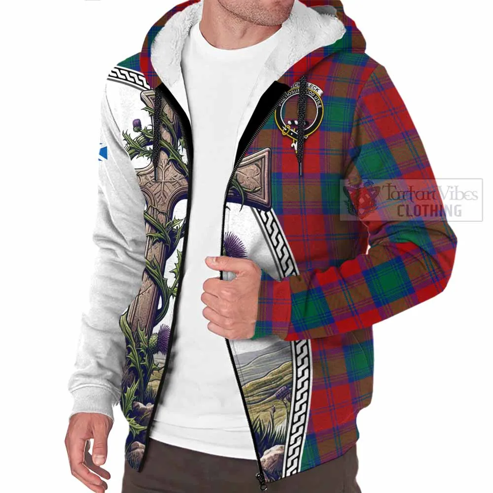 Auchinleck (Affleck) Tartan Sherpa Hoodie with Family Crest and St. Andrew's Cross Accented by Thistle Vines