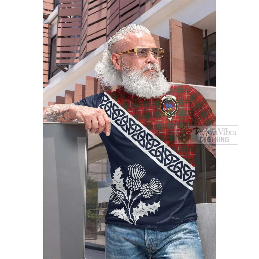 Bruce Tartan Cotton T-shirt Featuring Thistle and Scotland Map