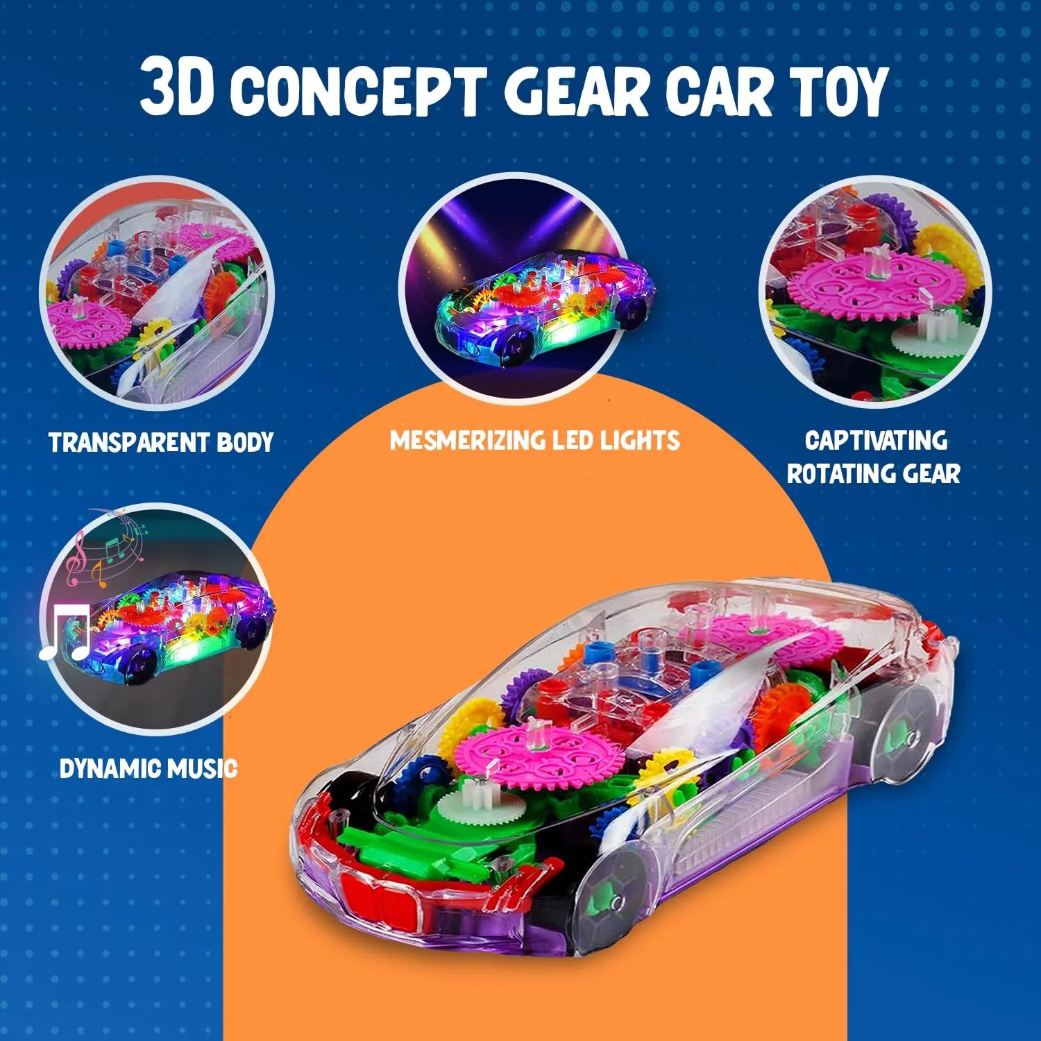 Gooyo GY388-48 3D Concept Gear Car Toy with 3D Lights and Musical Sounds Effect | Bump N' Go Action Car for Kids/Girls/Boys | Multi Color, Power Source: 3xAA Battery (Not Included)