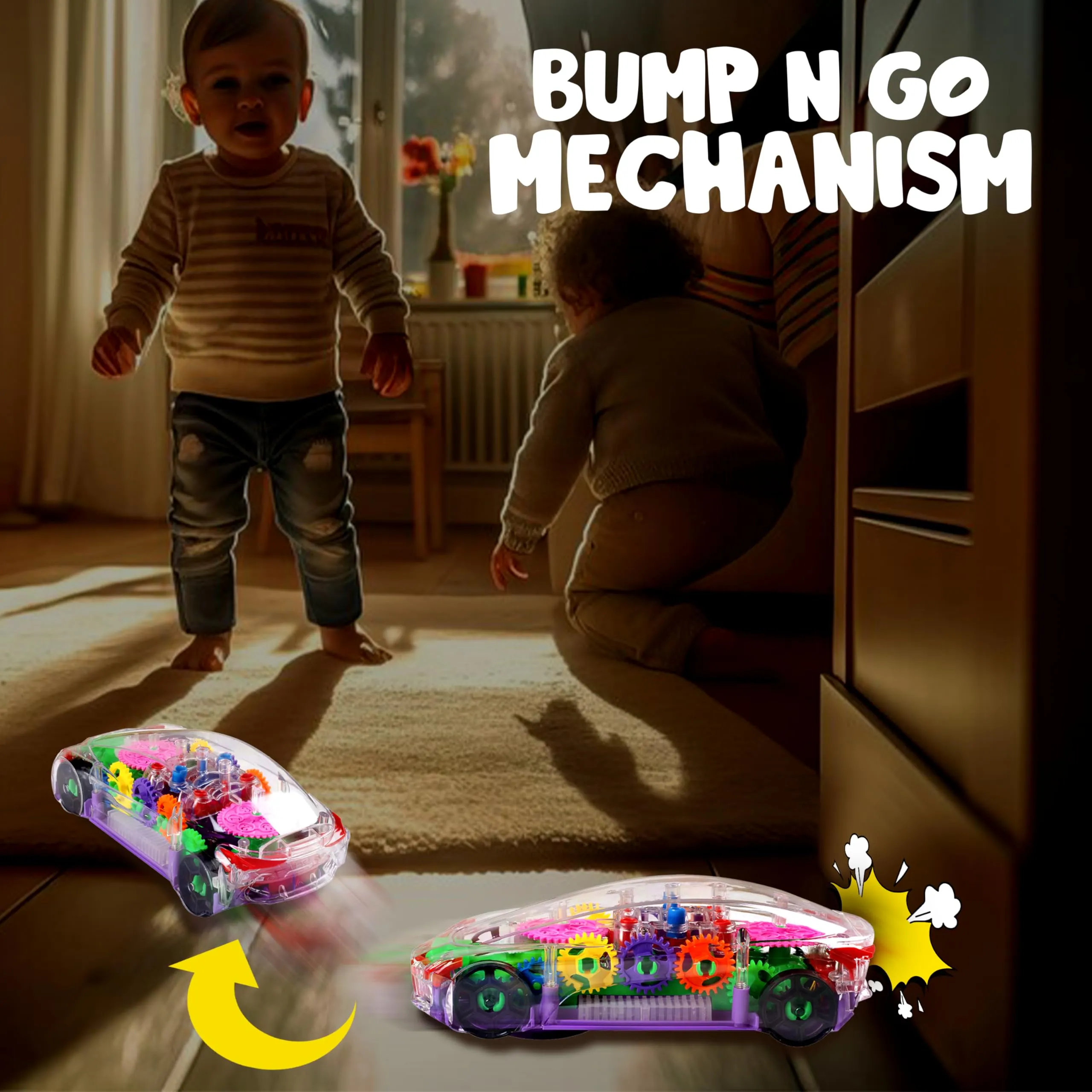 Gooyo GY388-48 3D Concept Gear Car Toy with 3D Lights and Musical Sounds Effect | Bump N' Go Action Car for Kids/Girls/Boys | Multi Color, Power Source: 3xAA Battery (Not Included)