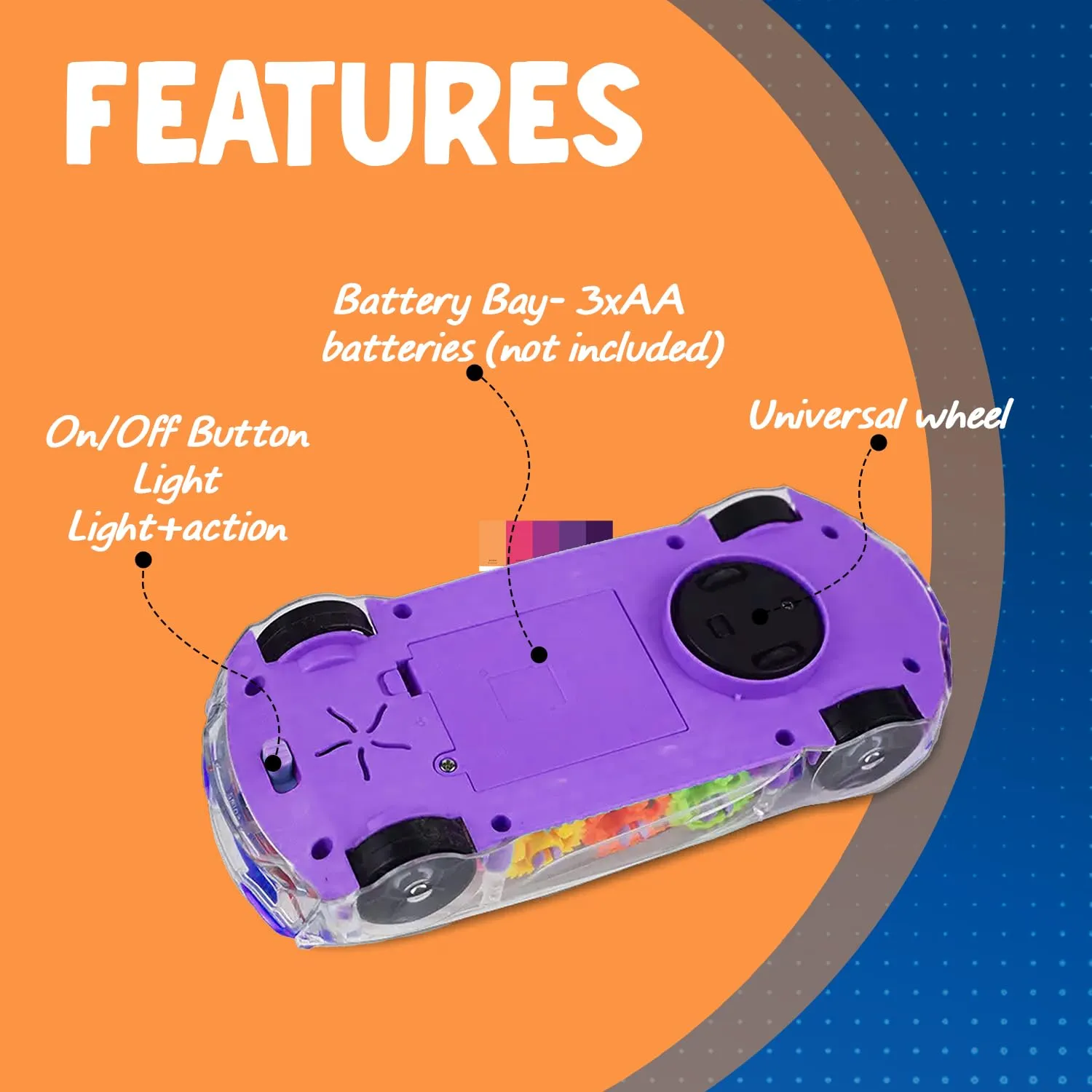 Gooyo GY388-48 3D Concept Gear Car Toy with 3D Lights and Musical Sounds Effect | Bump N' Go Action Car for Kids/Girls/Boys | Multi Color, Power Source: 3xAA Battery (Not Included)