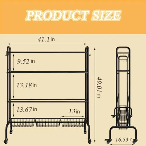 INGIORDAR Sport Equipment Garage Organization Storage Four Layer Organizer Basketball Rack With Hooks Wheels for Gym Indoor Outdoor (Black)