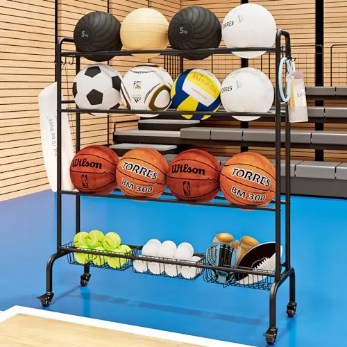 INGIORDAR Sport Equipment Garage Organization Storage Four Layer Organizer Basketball Rack With Hooks Wheels for Gym Indoor Outdoor (Black)