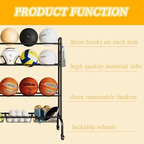 INGIORDAR Sport Equipment Garage Organization Storage Four Layer Organizer Basketball Rack With Hooks Wheels for Gym Indoor Outdoor (Black)