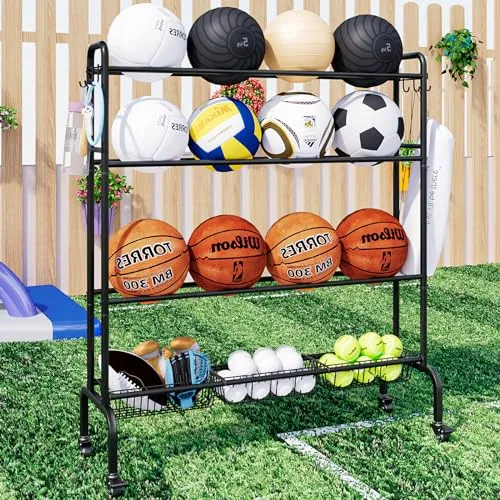 INGIORDAR Sport Equipment Garage Organization Storage Four Layer Organizer Basketball Rack With Hooks Wheels for Gym Indoor Outdoor (Black)