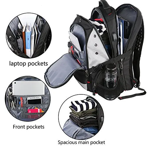 Large Laptop Backpack,Durable Computer Travel Back Pack With Waterproof Rain Cover & Usb Charging