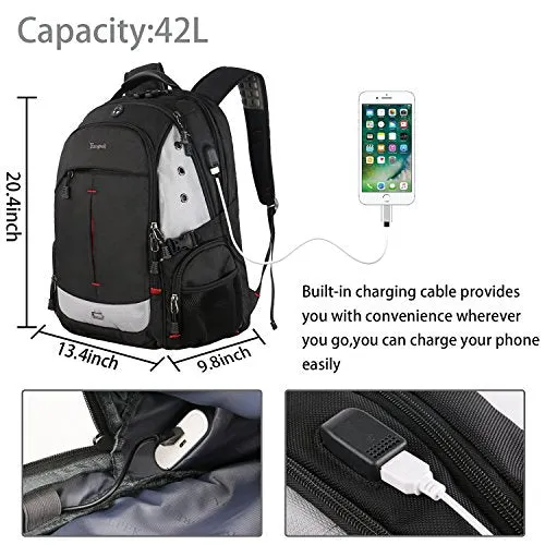 Large Laptop Backpack,Durable Computer Travel Back Pack With Waterproof Rain Cover & Usb Charging