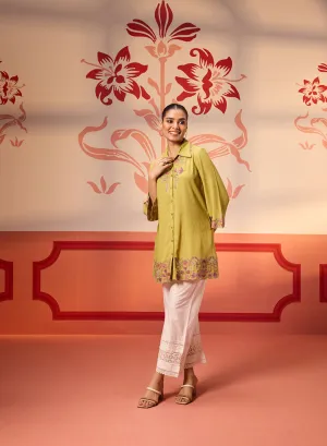 Malika Apple Green Embroidered Crinkled Crepe Long Shirt for Women
