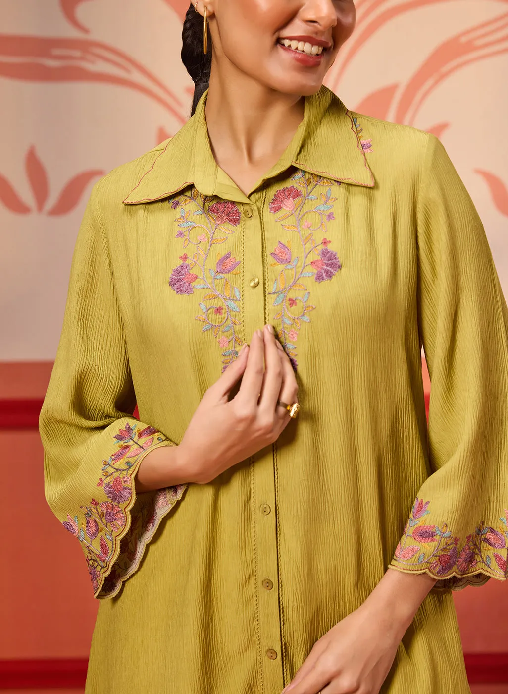 Malika Apple Green Embroidered Crinkled Crepe Long Shirt for Women