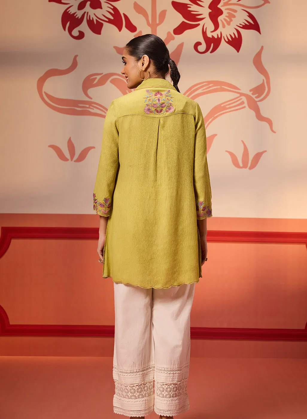 Malika Apple Green Embroidered Crinkled Crepe Long Shirt for Women