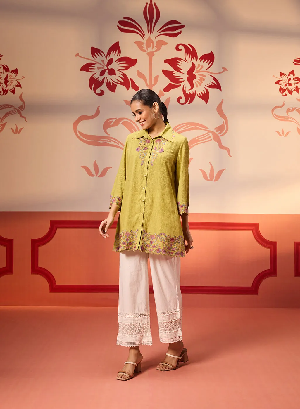 Malika Apple Green Embroidered Crinkled Crepe Long Shirt for Women