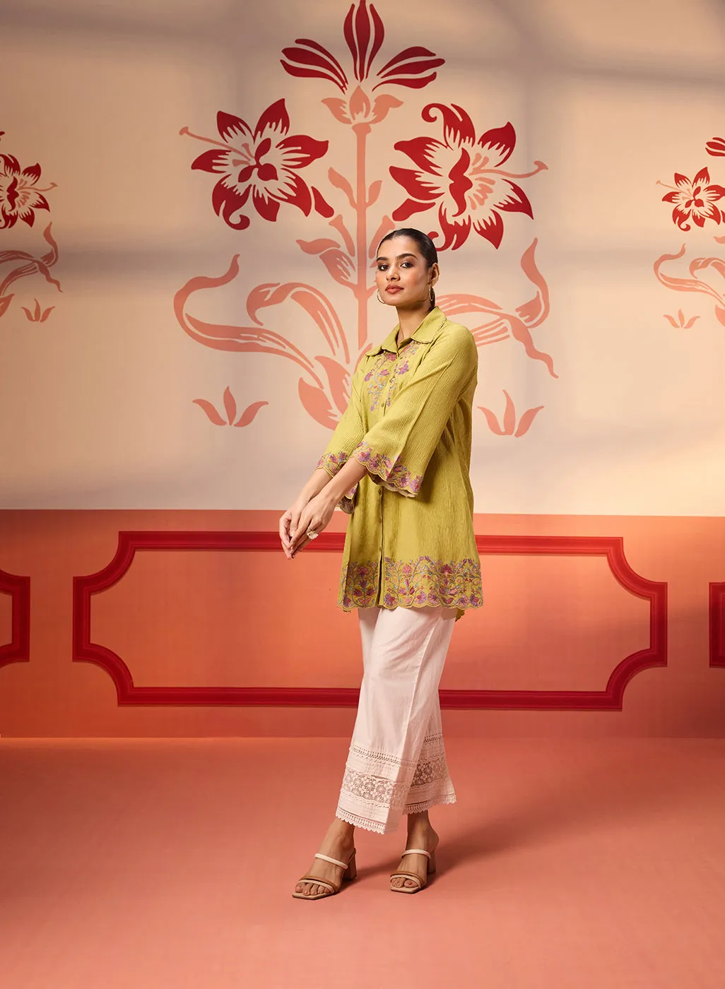 Malika Apple Green Embroidered Crinkled Crepe Long Shirt for Women