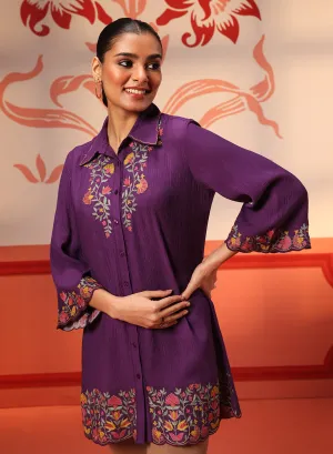 Malika Purple Embroidered Crinkled Crepe Long Shirt for Women