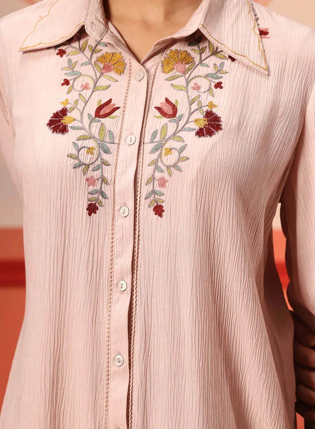 Malika Salmon Pink Embroidered Crinkled Crepe Long Shirt for Women