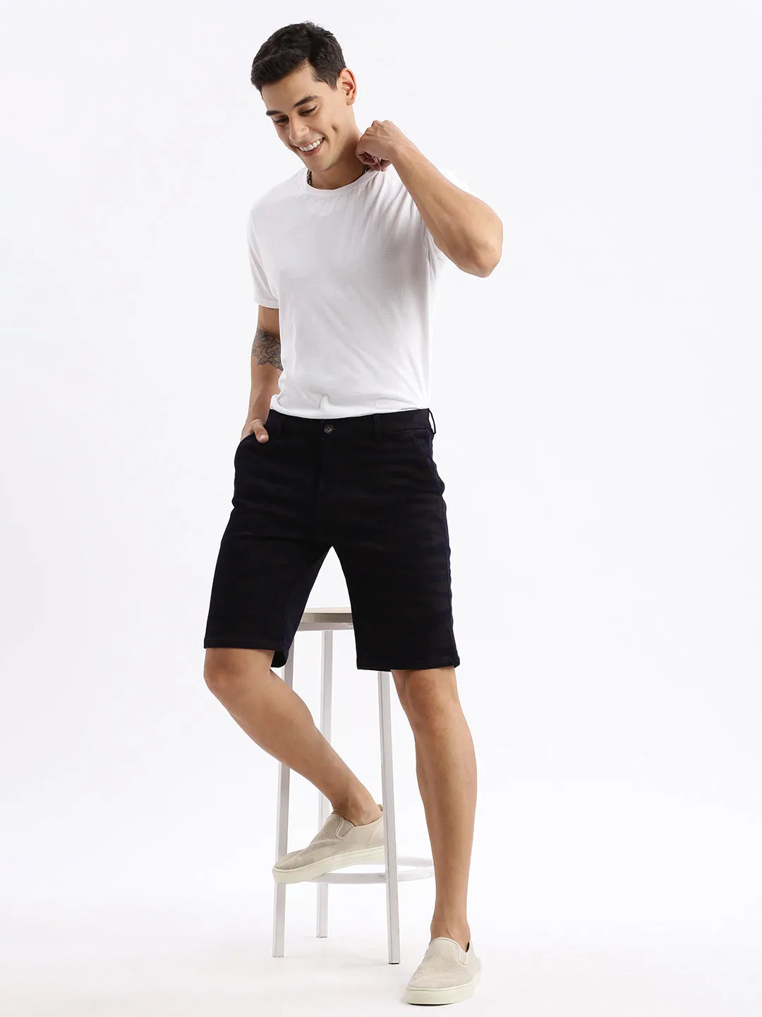 Men Camouflage Navy Blue Cotton Shorts