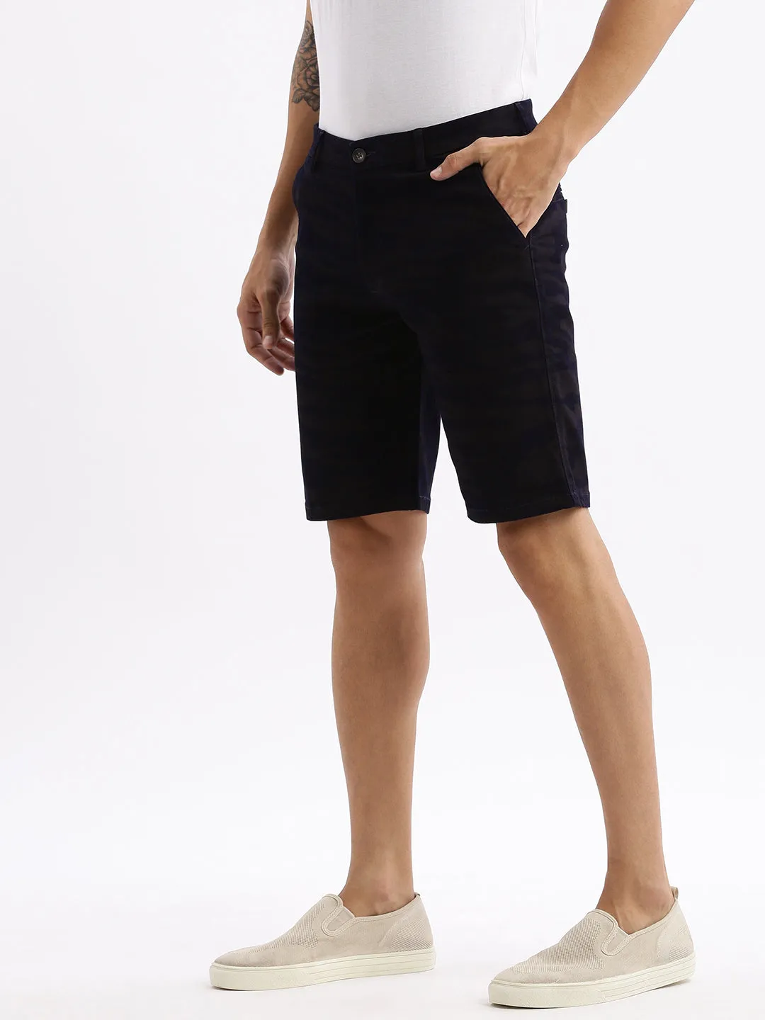 Men Camouflage Navy Blue Cotton Shorts