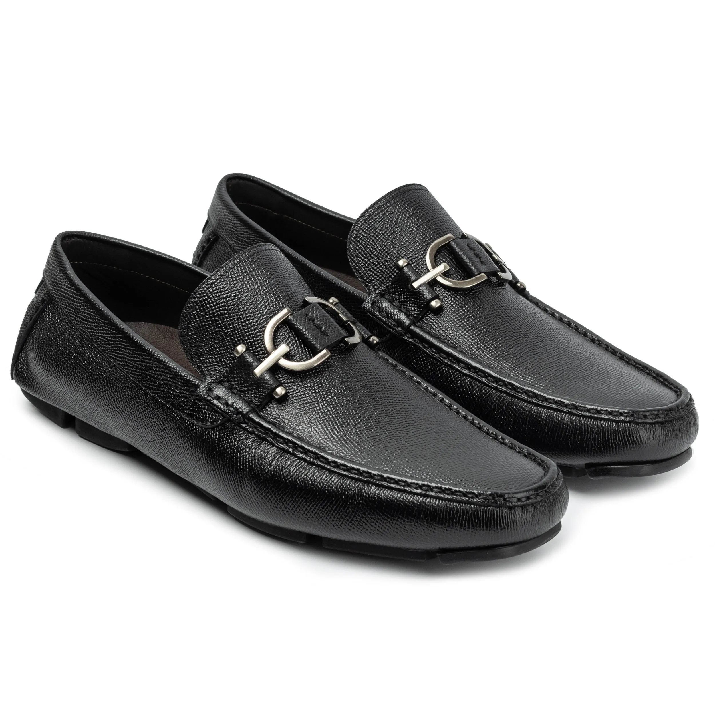Men´s  black leather buckle driving shoes-rubber sole