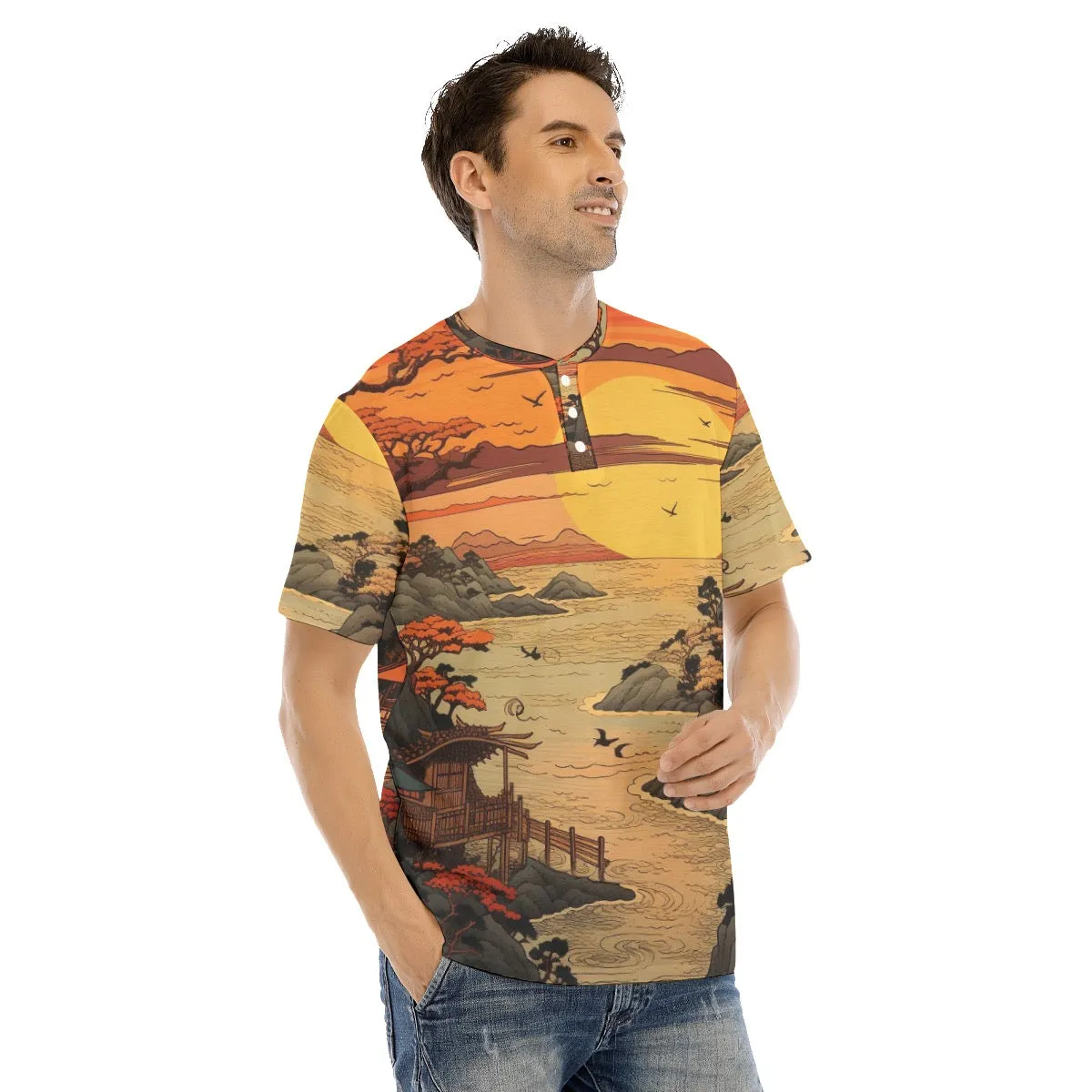 Men's Short Sleeve T-shirt With Button Closure #y115