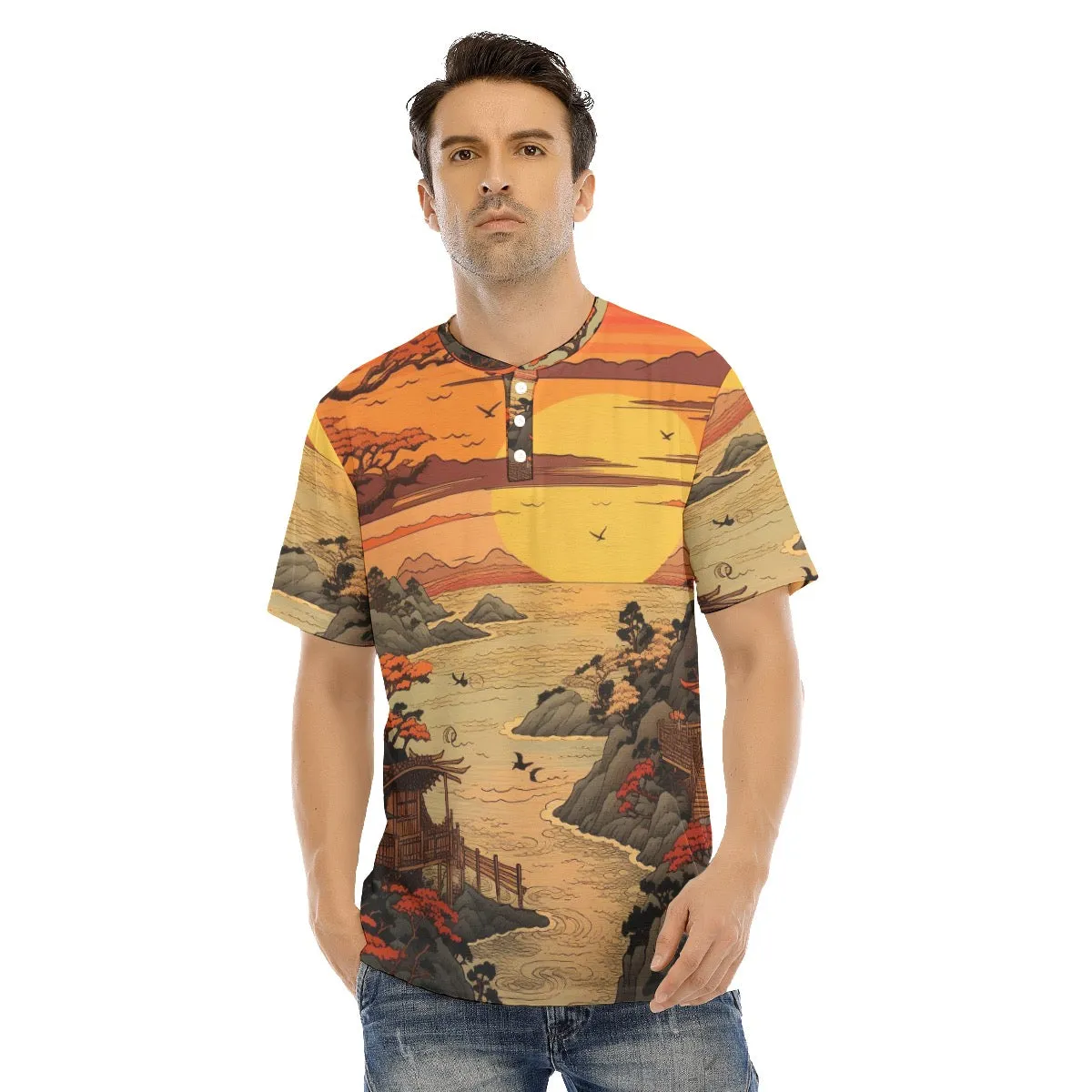Men's Short Sleeve T-shirt With Button Closure #y115