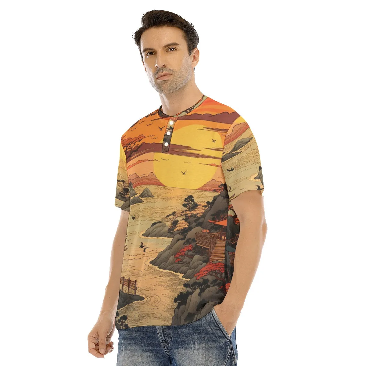 Men's Short Sleeve T-shirt With Button Closure #y115