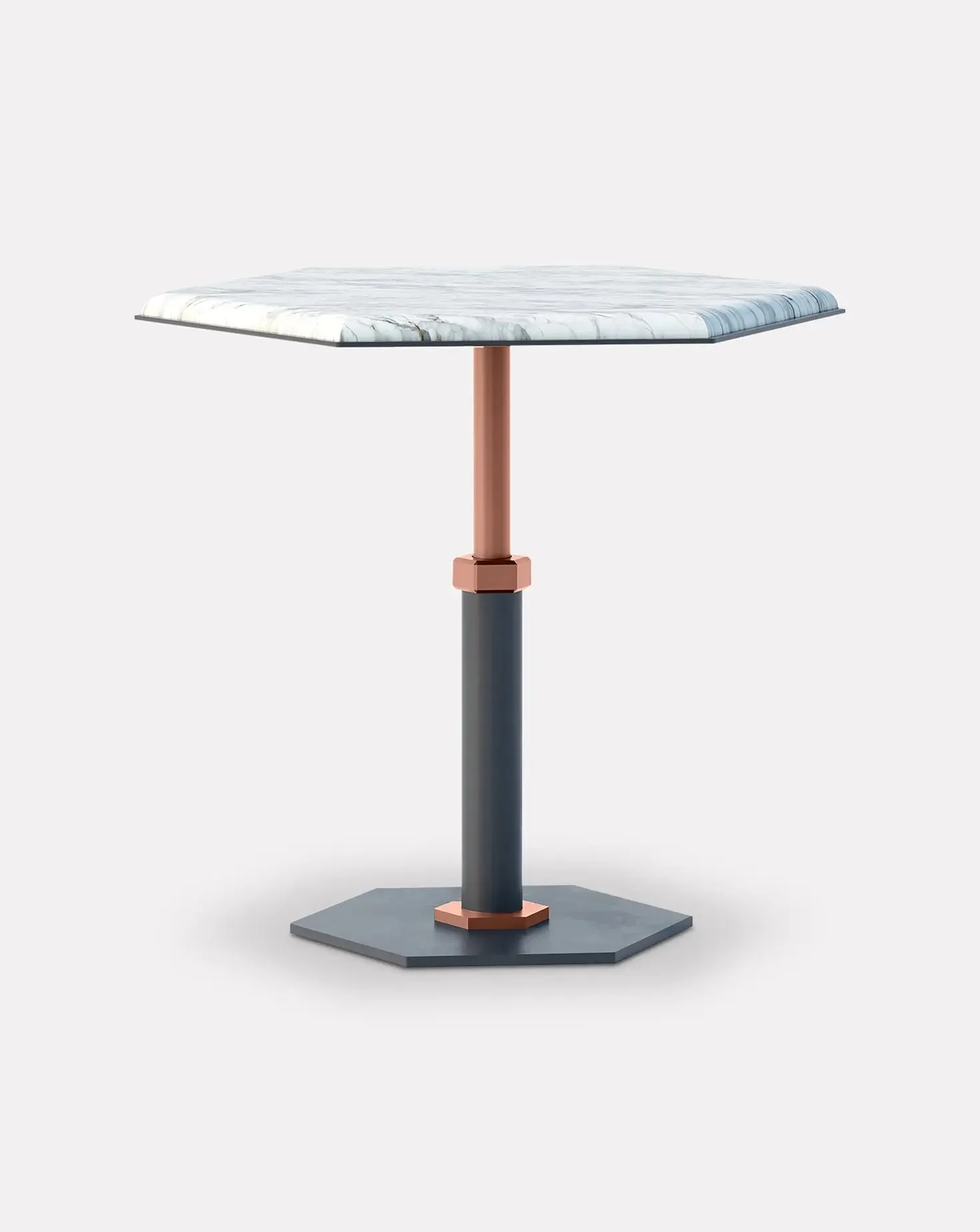 Pedestal Bianco and Copper Hexagon Side Table