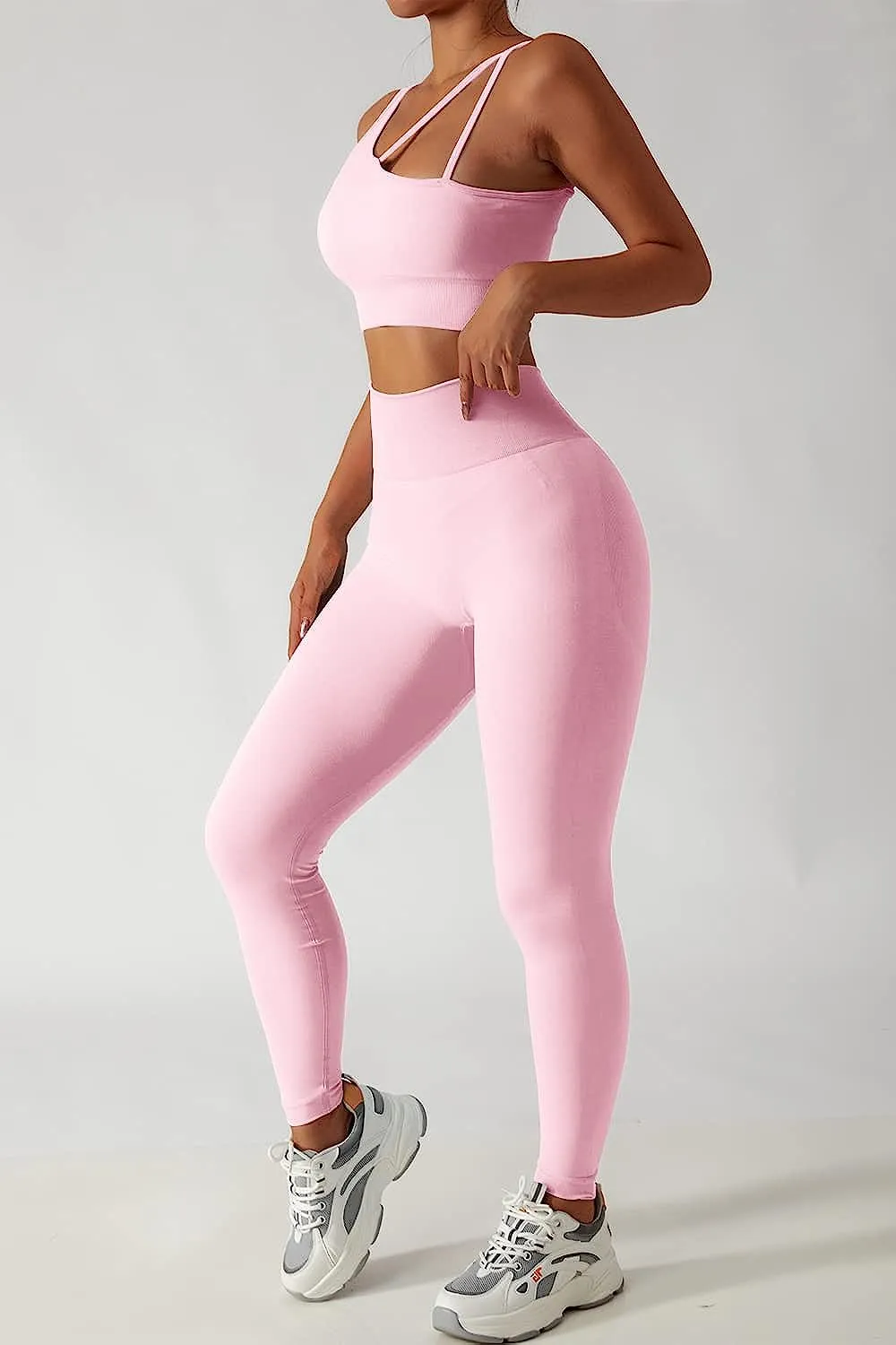 Pink Seamless Sports Crop Top and High Waisted Leggings