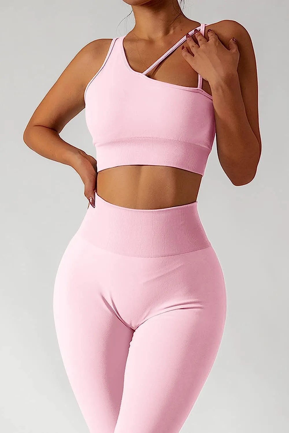 Pink Seamless Sports Crop Top and High Waisted Leggings