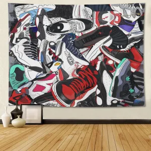 Retro Basketball Tapestry Wall Hanging Party Decorations Sport Shoes Poster, 80 x60 inches