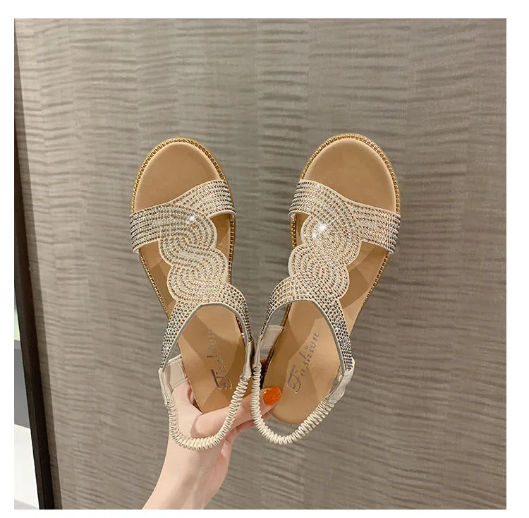 Rhinestone Wedge Sandals low heel wedding shoes black retro bling diamonds mother of the bride shoes