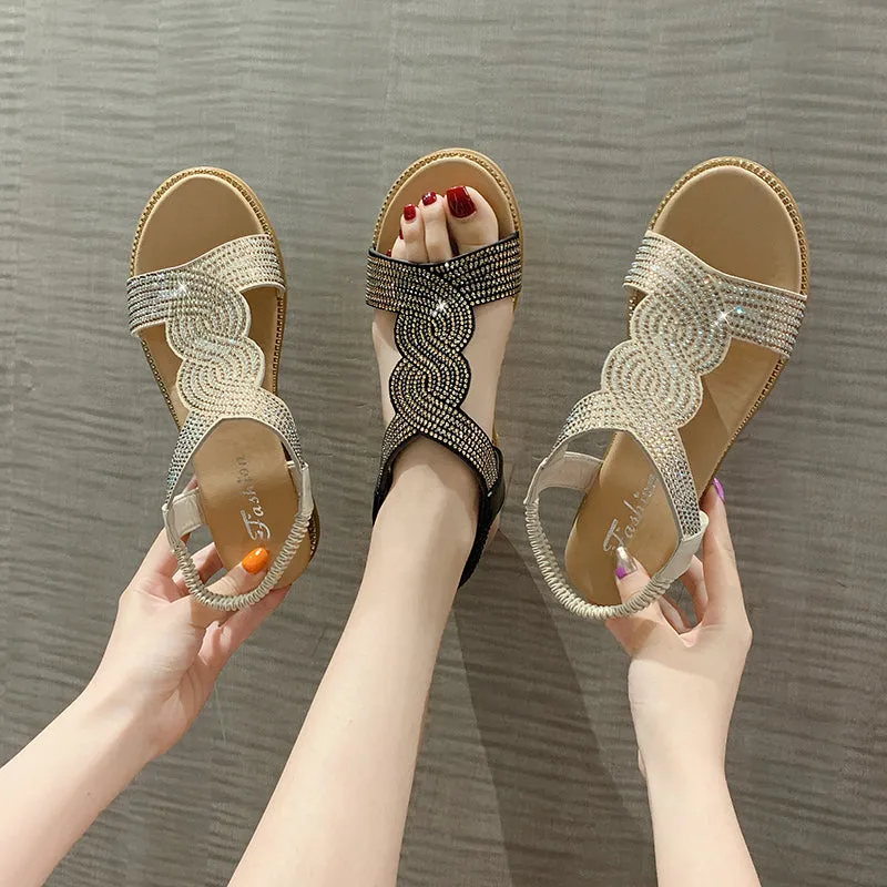 Rhinestone Wedge Sandals low heel wedding shoes black retro bling diamonds mother of the bride shoes
