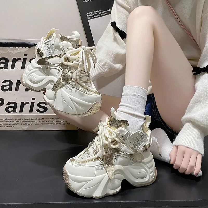 Sohiwoo Mix Color Hidden Heels Women's Sneakers 2024 Bling Chunky Fleeces Casual Shoes Women Lace-Up Height Increasing Vulcanzied Shoes
