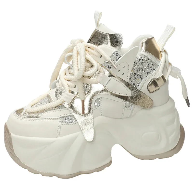 Sohiwoo Mix Color Hidden Heels Women's Sneakers 2024 Bling Chunky Fleeces Casual Shoes Women Lace-Up Height Increasing Vulcanzied Shoes