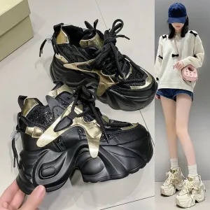 Sohiwoo Mix Color Hidden Heels Women's Sneakers 2024 Bling Chunky Fleeces Casual Shoes Women Lace-Up Height Increasing Vulcanzied Shoes