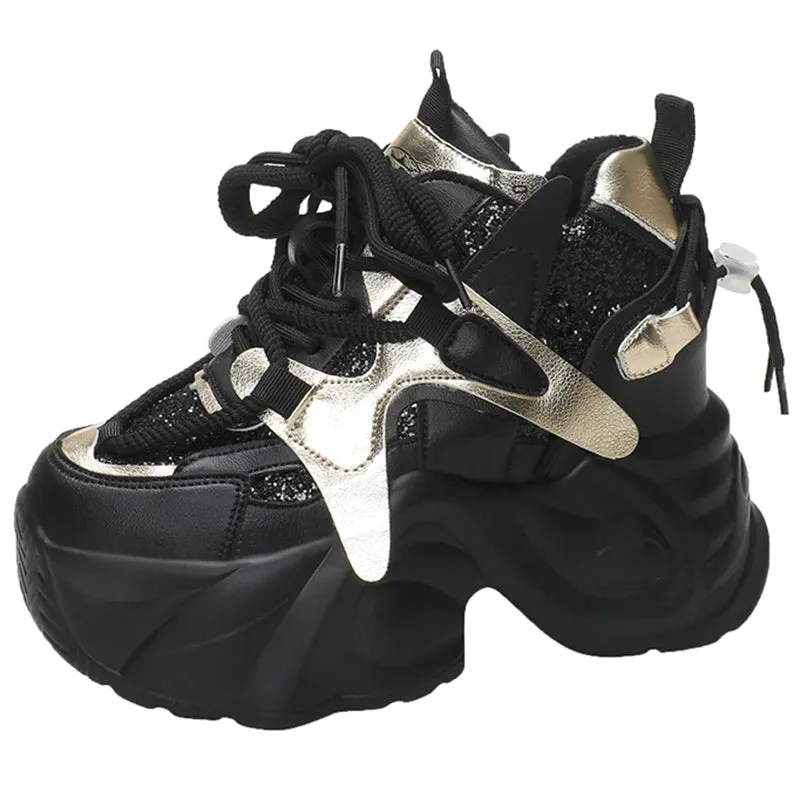 Sohiwoo Mix Color Hidden Heels Women's Sneakers 2024 Bling Chunky Fleeces Casual Shoes Women Lace-Up Height Increasing Vulcanzied Shoes