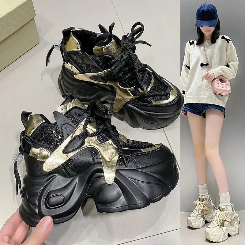 Sohiwoo Mix Color Hidden Heels Women's Sneakers 2024 Bling Chunky Fleeces Casual Shoes Women Lace-Up Height Increasing Vulcanzied Shoes