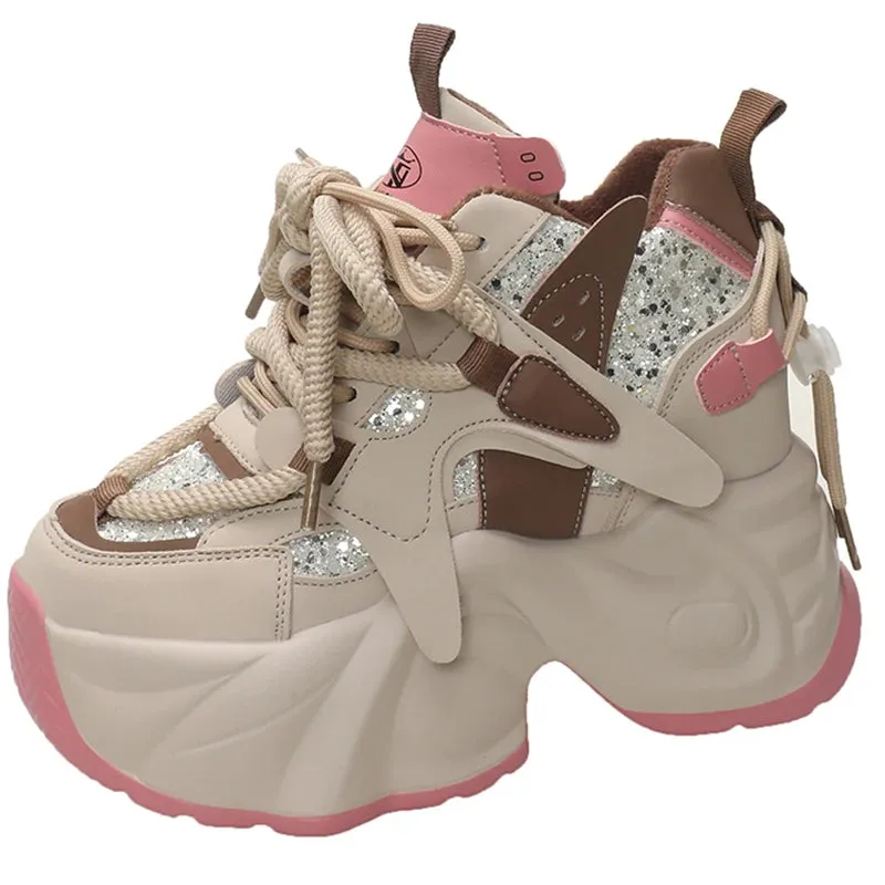 Sohiwoo Mix Color Hidden Heels Women's Sneakers 2024 Bling Chunky Fleeces Casual Shoes Women Lace-Up Height Increasing Vulcanzied Shoes