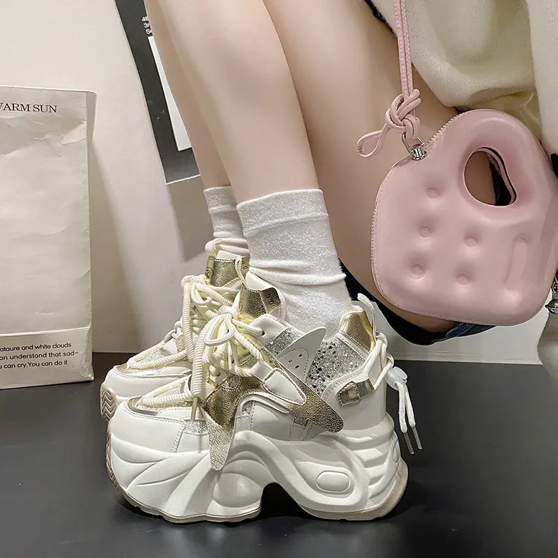 Sohiwoo Mix Color Hidden Heels Women's Sneakers 2024 Bling Chunky Fleeces Casual Shoes Women Lace-Up Height Increasing Vulcanzied Shoes