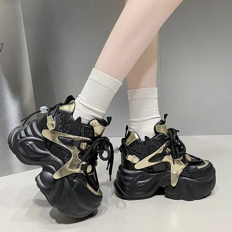 Sohiwoo Mix Color Hidden Heels Women's Sneakers 2024 Bling Chunky Fleeces Casual Shoes Women Lace-Up Height Increasing Vulcanzied Shoes