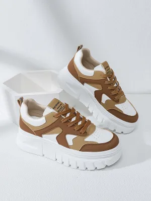 Sporty Skate Shoes For Women, Colorblock Letter Patch Decor Lace Up Sneakers