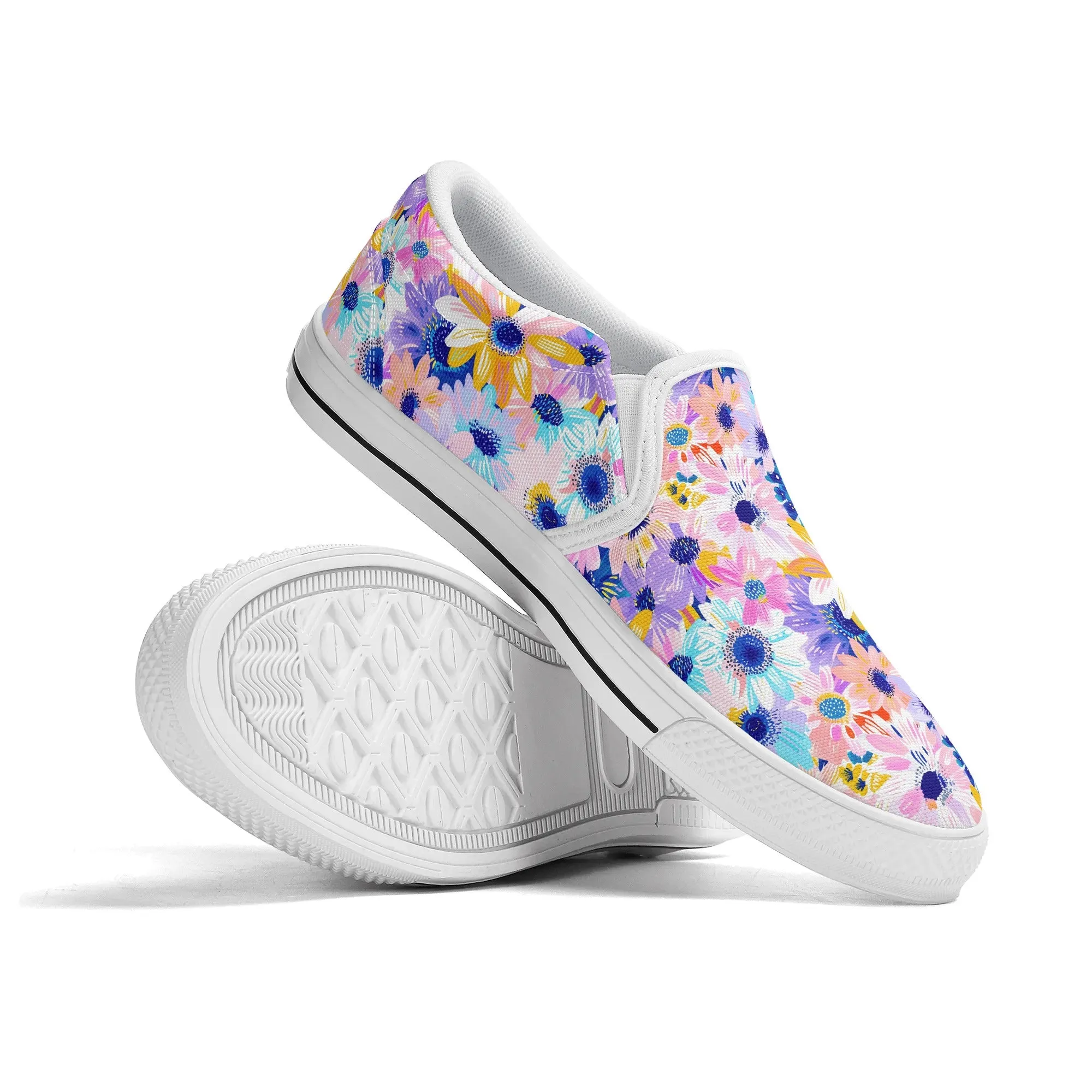 Watercolor Wonderland: Large Colorful Daisies Blooming with Radiance Womens Canvas Slip On Shoes US5-US12