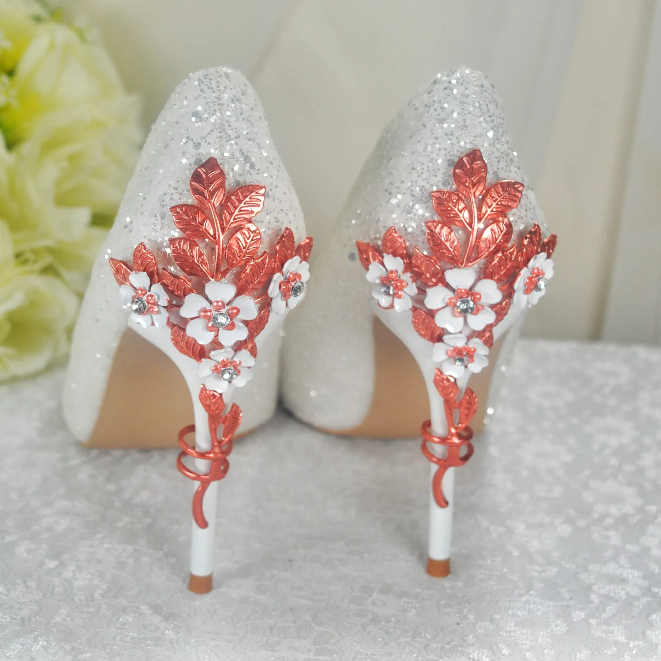 White Glitter with Rose Gold Cherry Blossom
