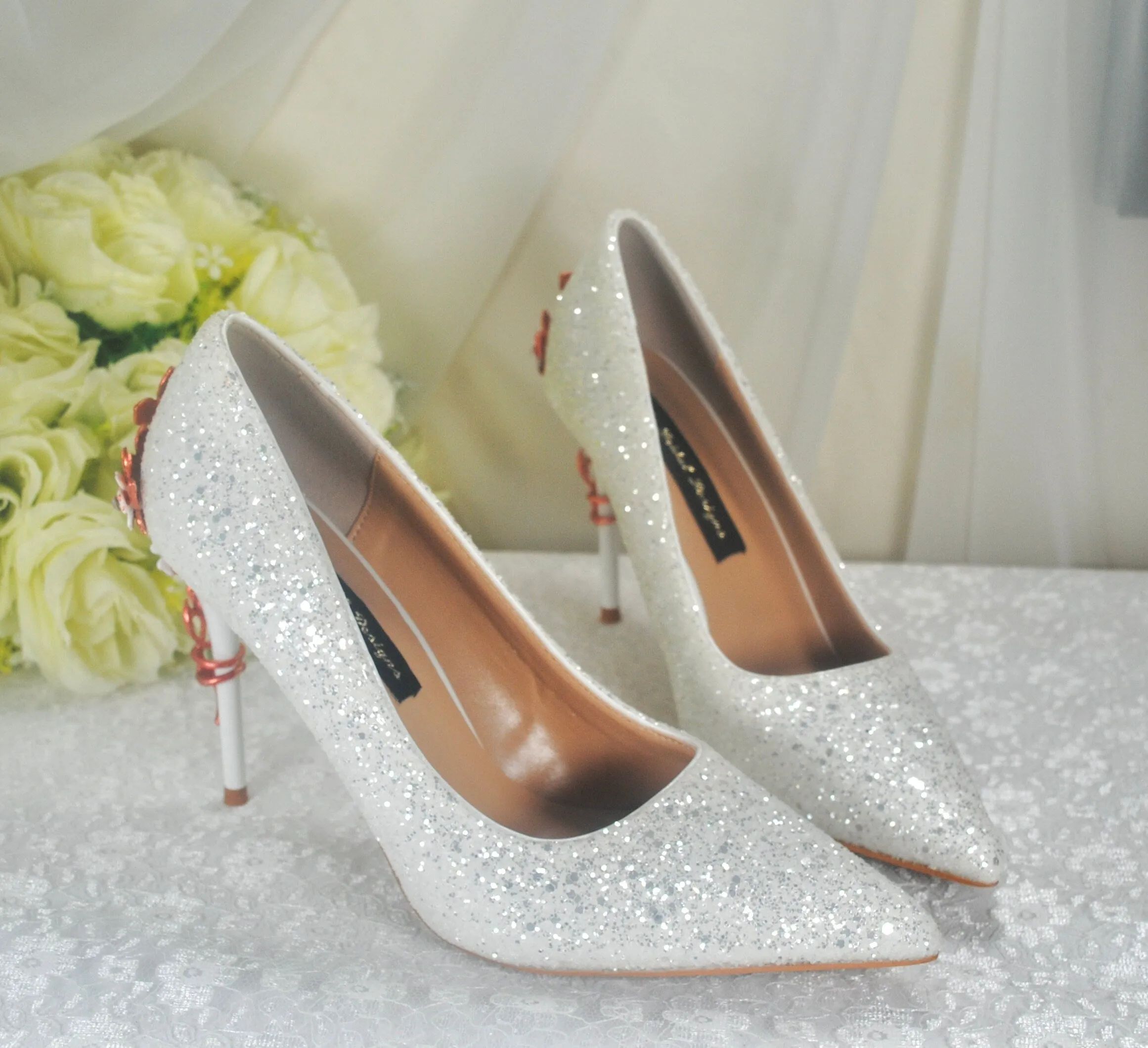 White Glitter with Rose Gold Cherry Blossom