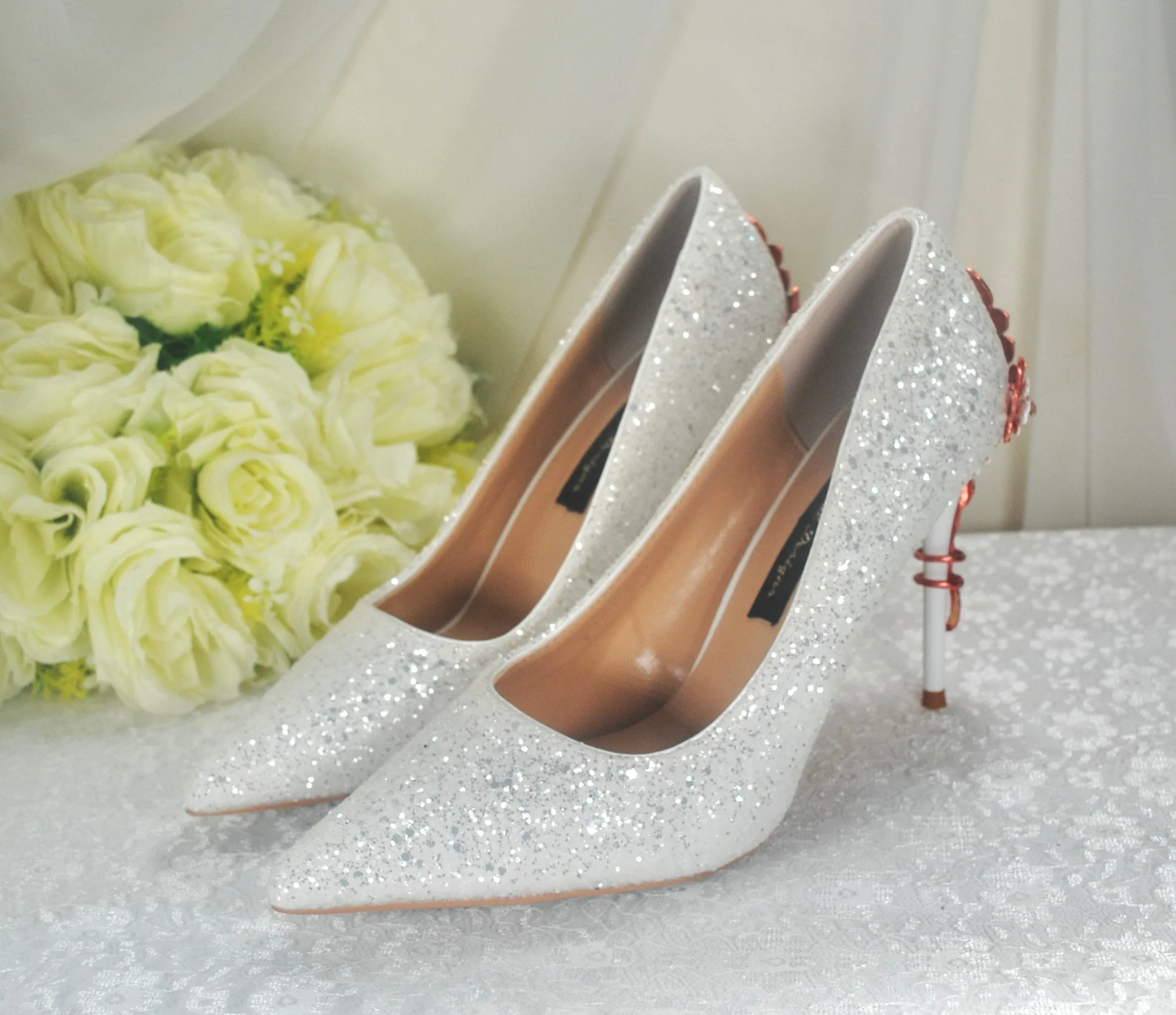White Glitter with Rose Gold Cherry Blossom