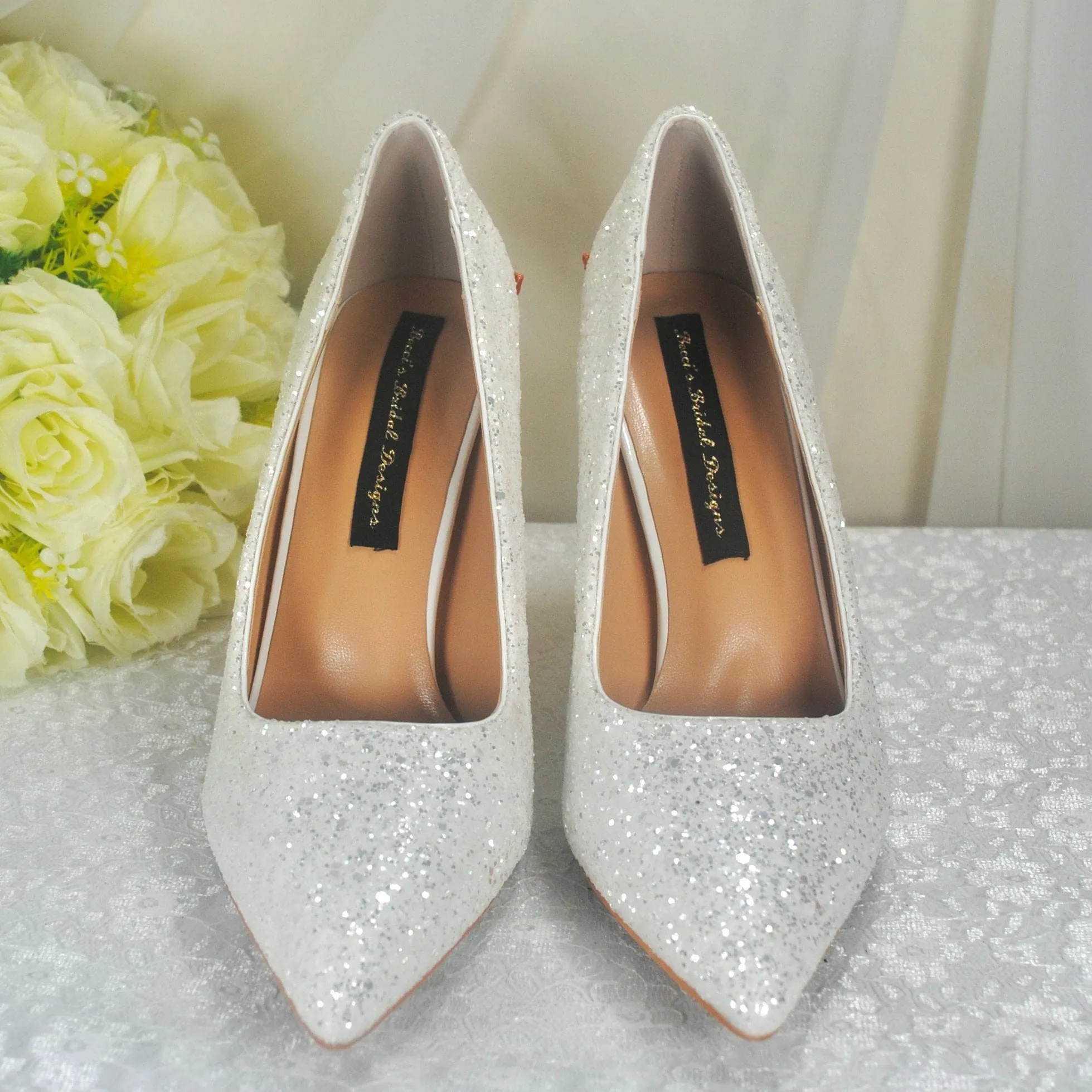 White Glitter with Rose Gold Cherry Blossom