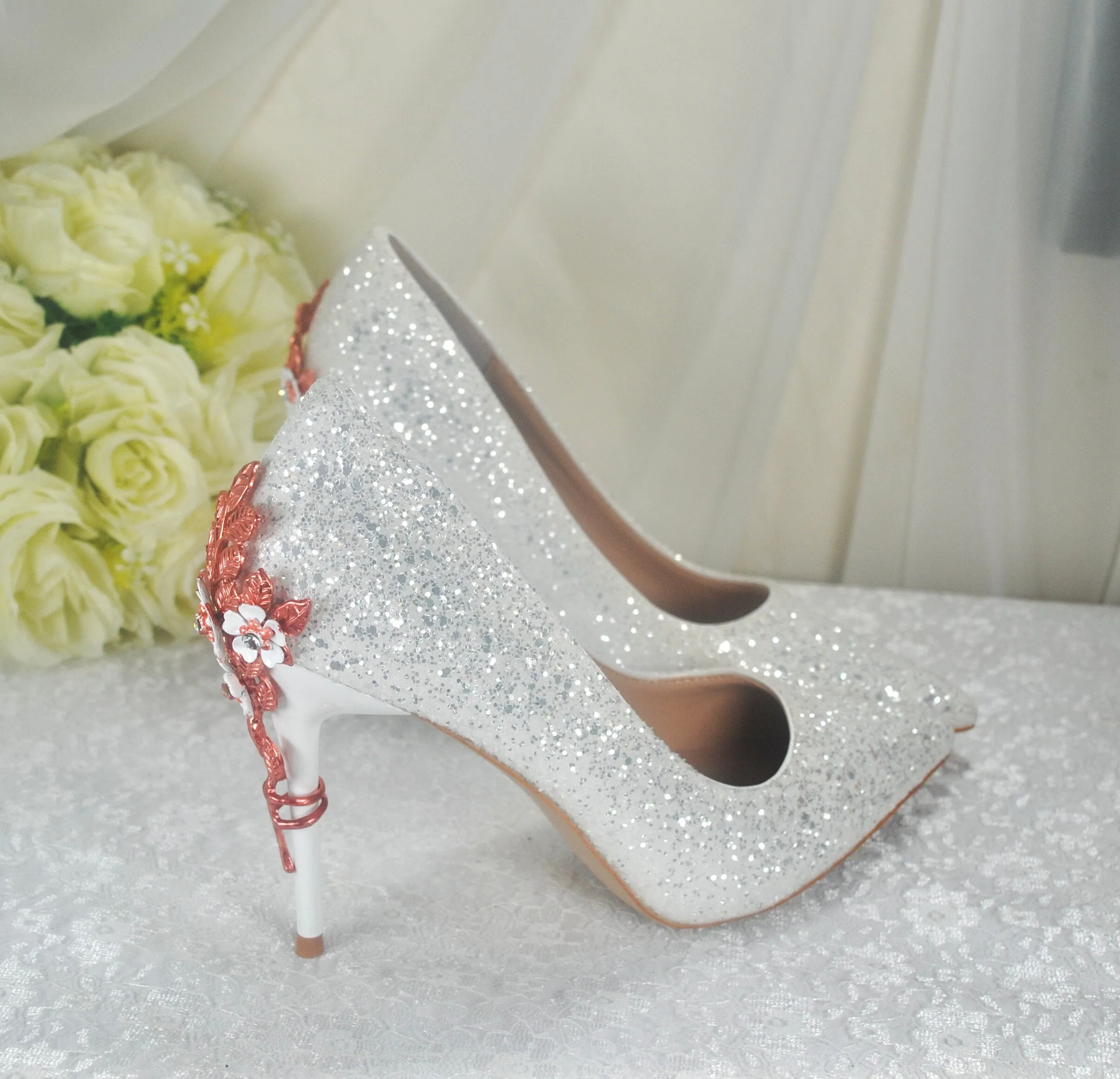 White Glitter with Rose Gold Cherry Blossom