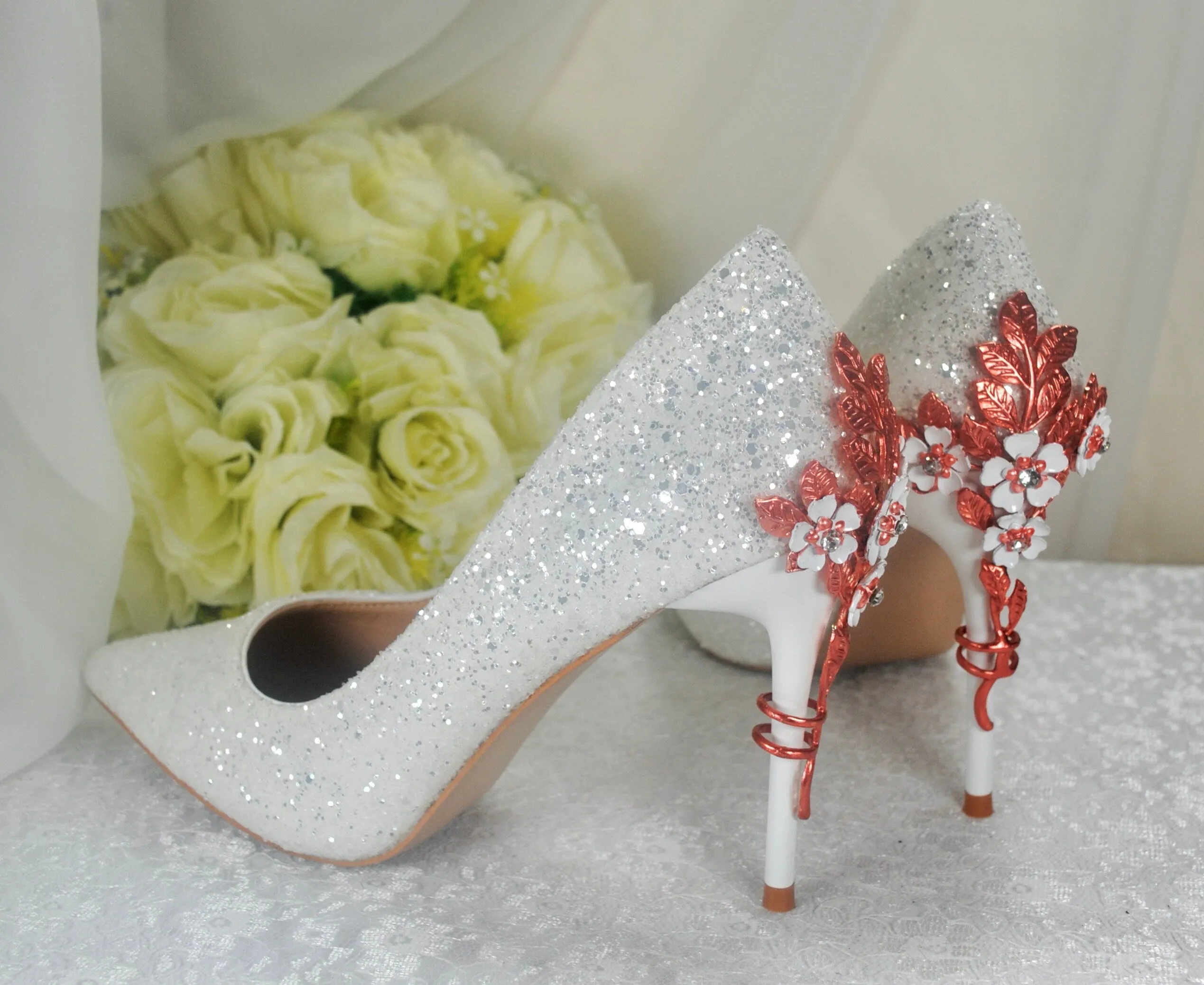 White Glitter with Rose Gold Cherry Blossom