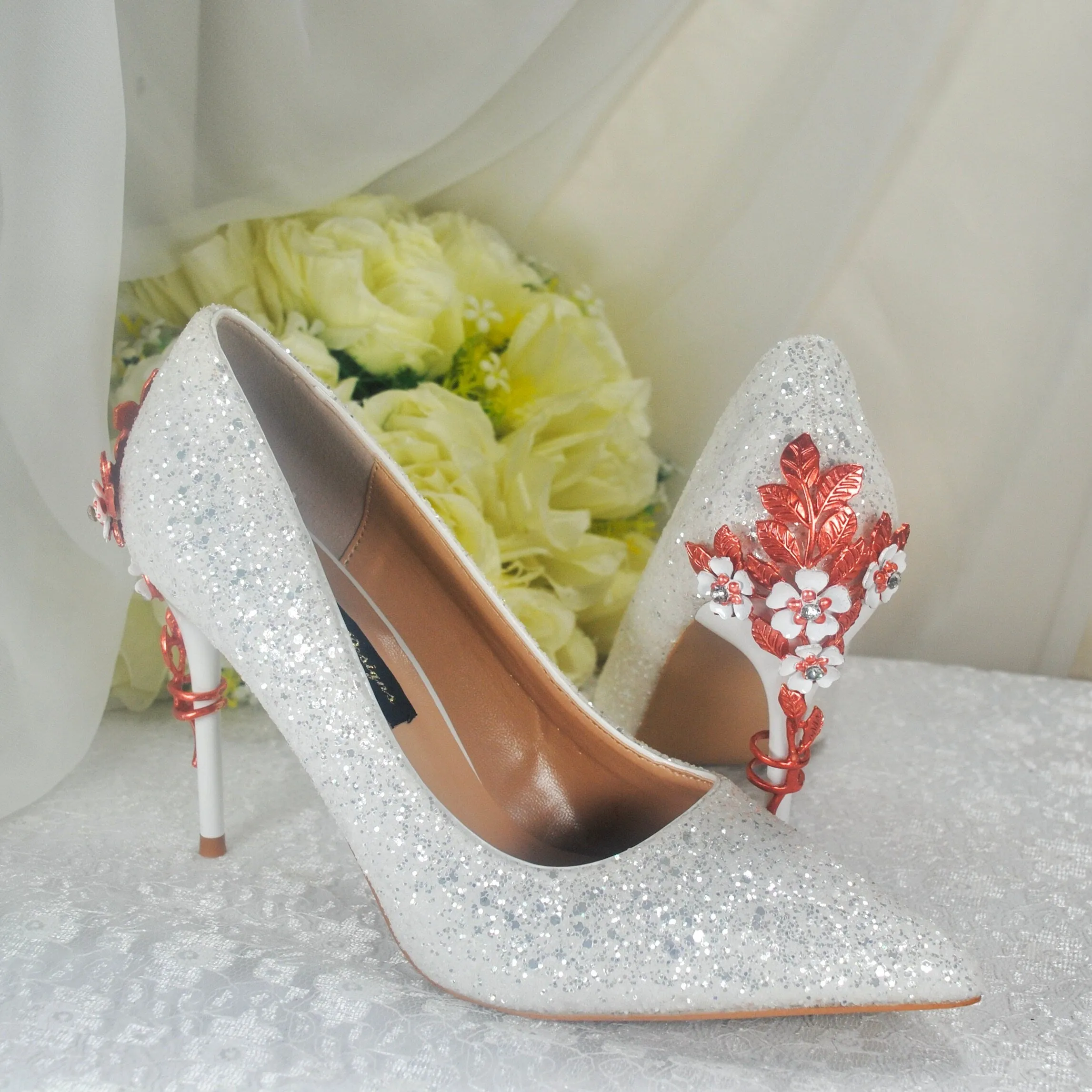 White Glitter with Rose Gold Cherry Blossom